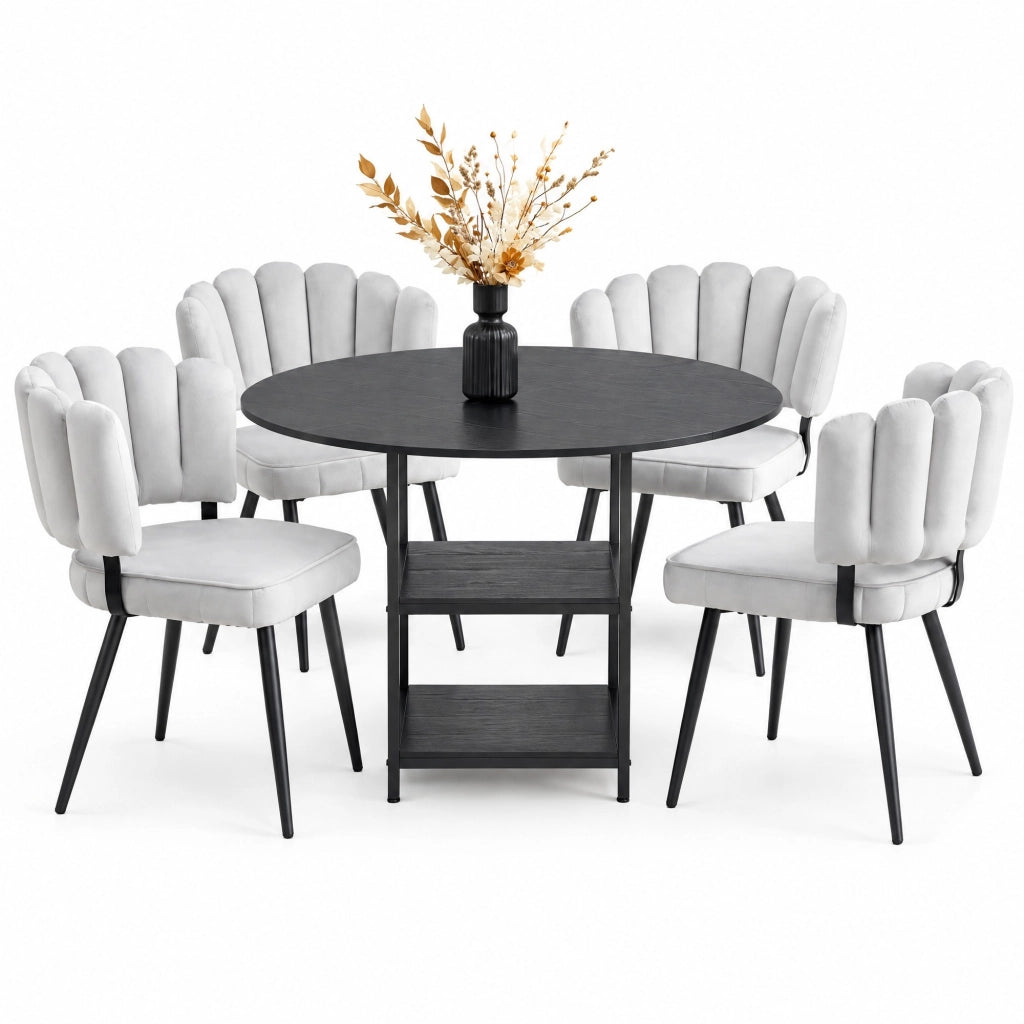 Set tavolo rotondo 107 cm nero MDF con 4 sedie e doppio ripiano