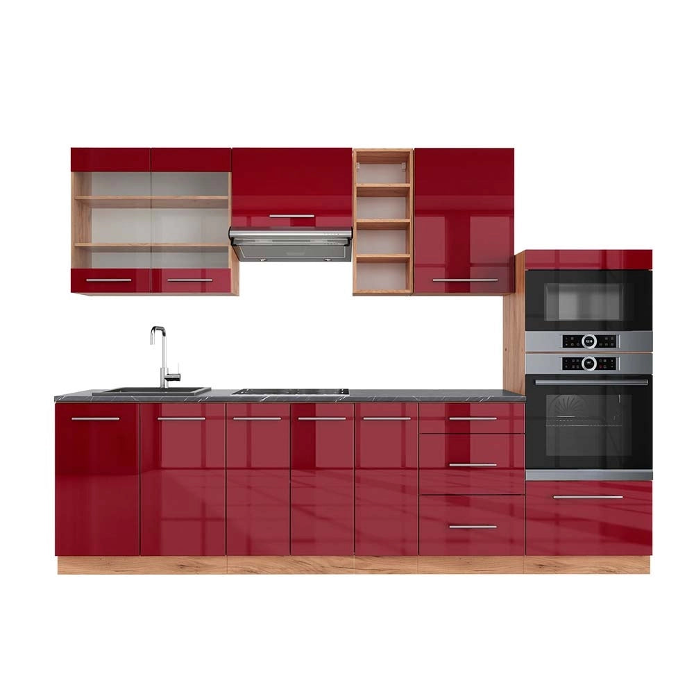 Cucina componibile Fame-Line Bordeaux lucido/Rovere dorato 280 cm, PL Antracite Vicco