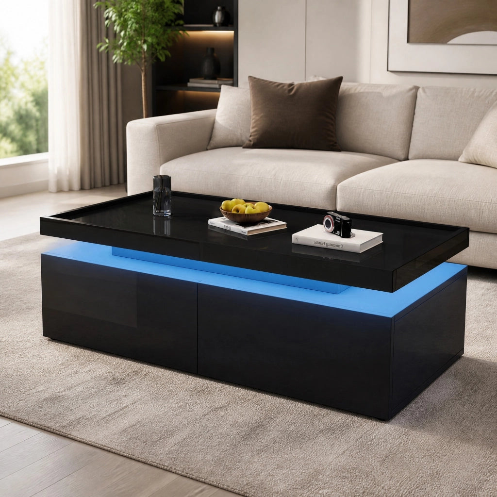 Tavolino da salotto moderno 95x45x35 cm nero lucido con LED; 2 cassetti e ripiano aperto