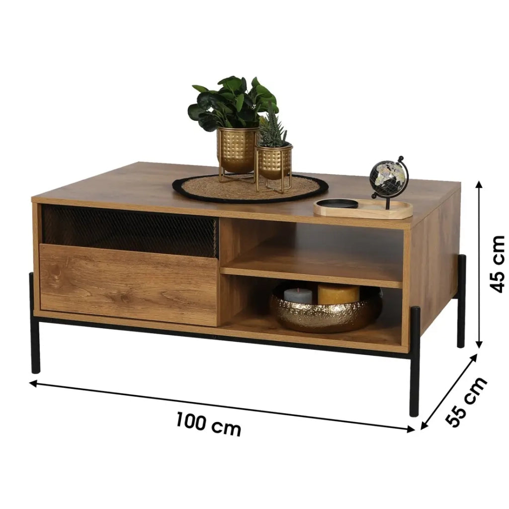 Tavolino basso stile rustico collezione HELIAS - Colore rovere scuro, gambe in metallo nero, dimensioni 60x49x110 cm