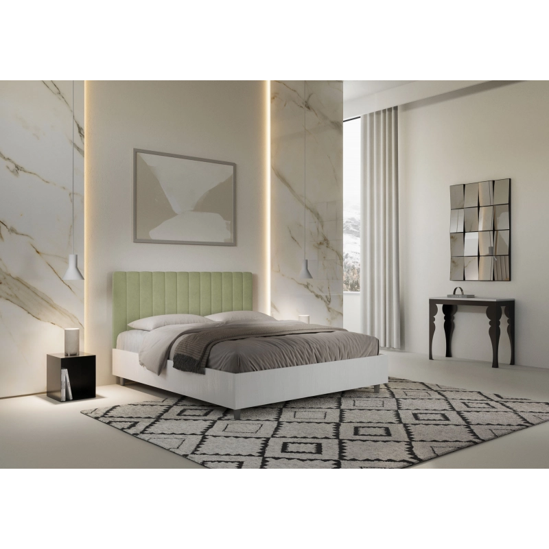 Letto Matrimoniale 160x190 cm struttura bianco frassino testata Kaia - Contenitore,Microfibra,Tè verde