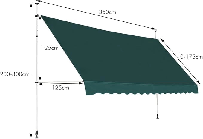 Tenda da Sole per Esterno, Tenda da Sole a Morsetto per Balcone con Struttura Telescopica e Tessuto Resistene ai Raggi Solari, Regolabile in Altezza e in Angolazione (350 cm,Verde)