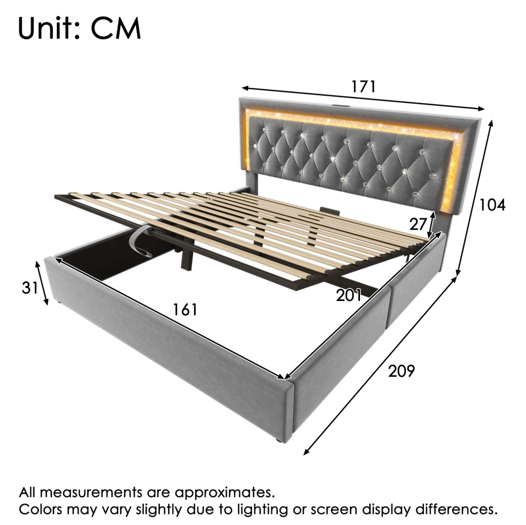 Letto matrimoniale 160x200 cm in velluto grigio con LED; USB Type-C; contenitore e materasso