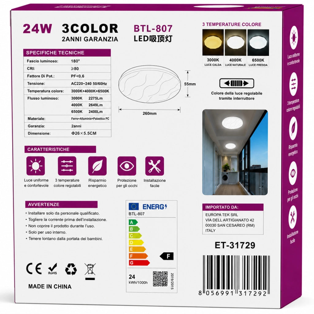 PLAFONIERA LED 24W 3CCT 26CM LAMPADA SOFFITTO LUCE 3000K 4000K 6500K ET-31729