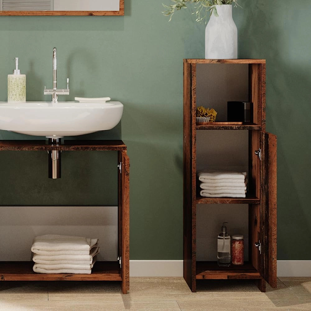 Mobiletto bagno Kiko, Rovere rustico, 30 x 95 cm, combinabile con la serie Kiko per la conservazione in bagno