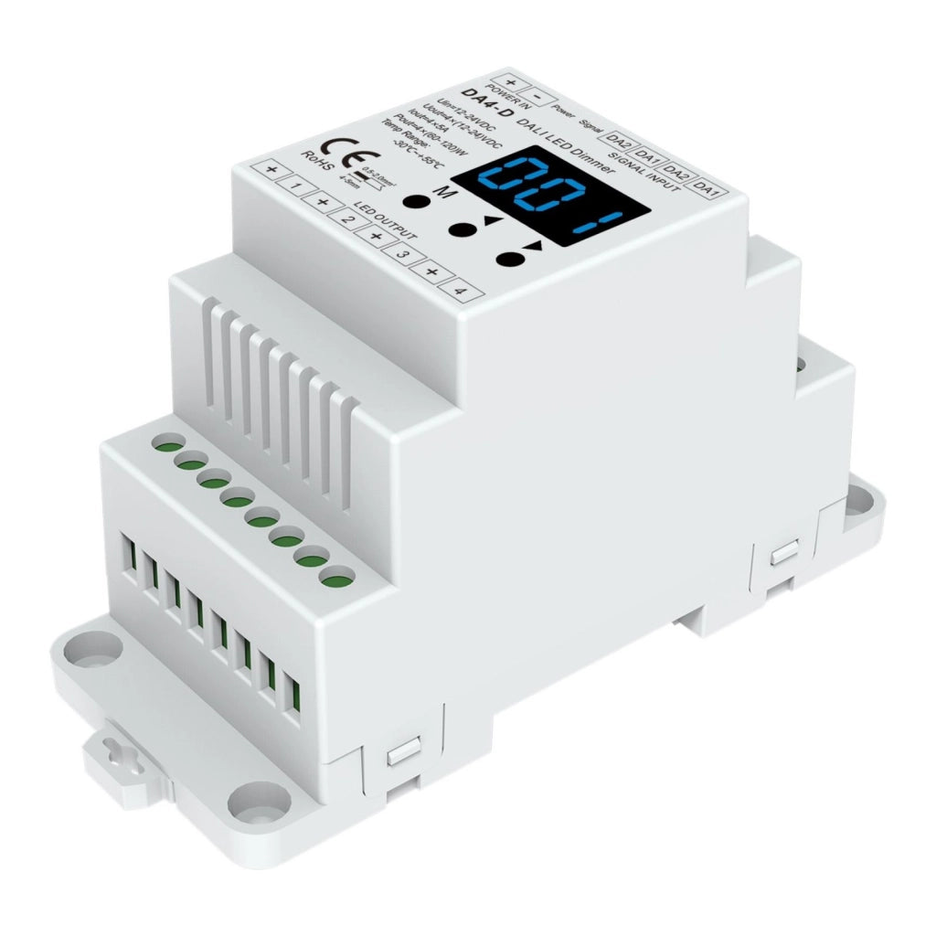Dimmer DALI 4 Canali Guida DIN, Con Display Digitale, 4X5A@12V/24V, 4X3A@36V/48V, Dimmerabile AC Push Dim, DALI-2, PWM, 4 Indirizzi, DT6 DT8 per Strisce LED Monocolore CCT RGB RGBW