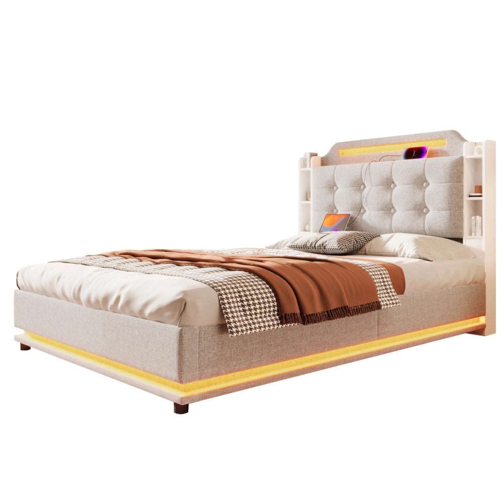 Letto matrimoniale imbottito 140x200 cm in lino beige con LED; contenitore idraulico e porte USB + Type-C