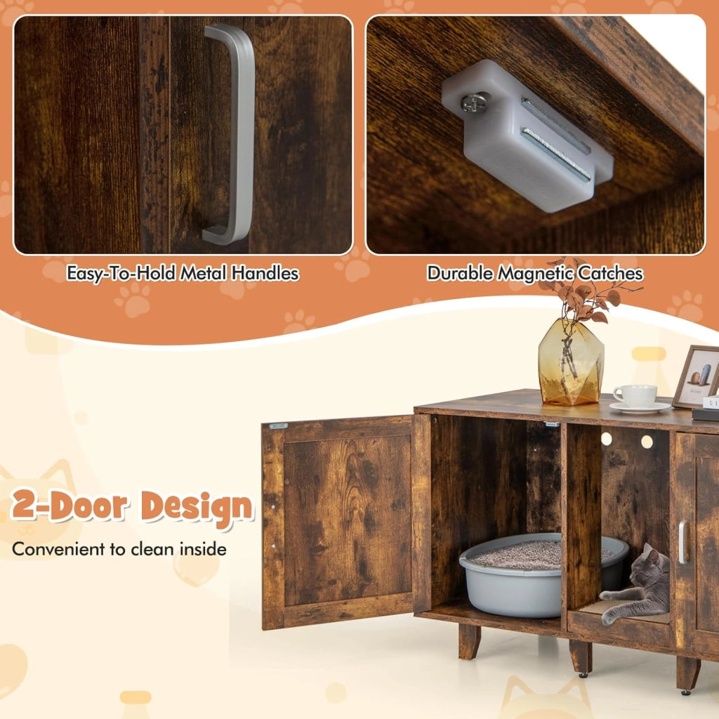 Mobile Lettiera per Gatti con 2 Ante, Armadio per Gatto in Legno con Ingresso Centrale e Tiragraffi, Grotta Rifugio Multiuso per Soggiorno e Camera da Letto, 120 x 52 x 65 cm (Marrone Rustico)
