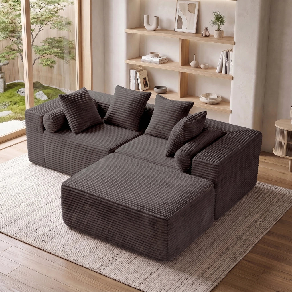 Canapé modulaire angolare senza montaggio con chaise longue ampia per soggiorno e camera da letto in schiuma e molle nero