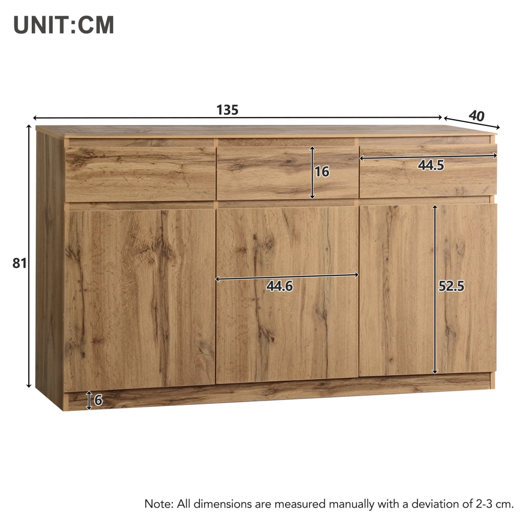 Credenza con 3 ante e 3 cassetti - per soggiorno - in truciolare - legno - 135×40×81 cm