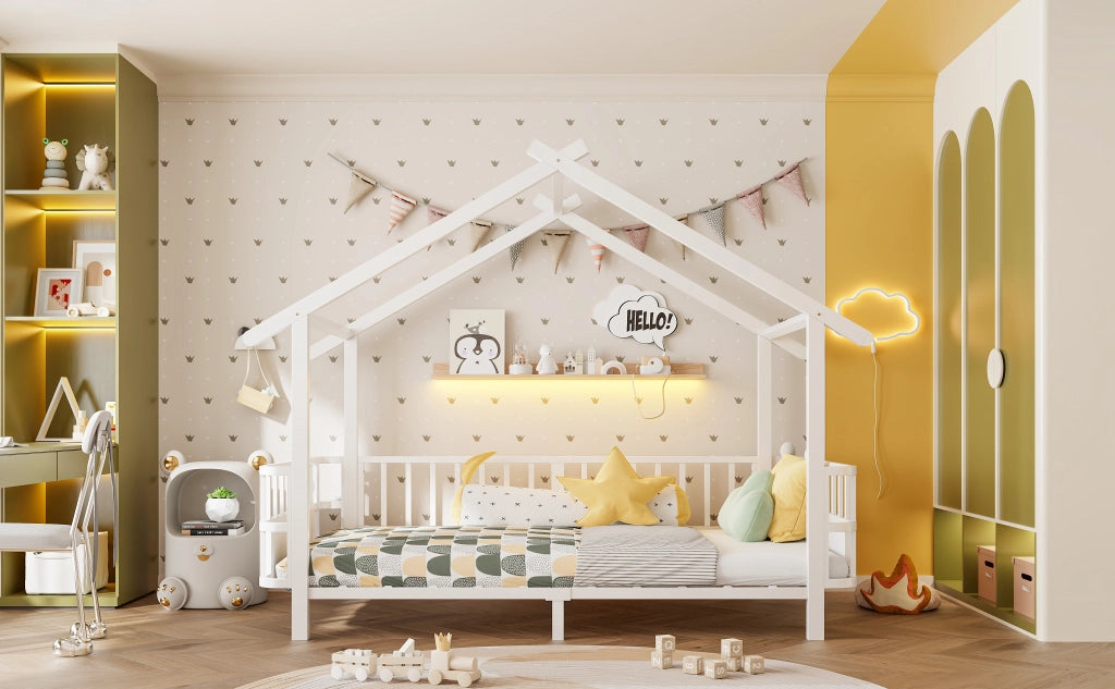 Letto per bambini 90 × 200 cm con barriera di sicurezza, struttura a casetta, sans materasso, en metallo, bianco