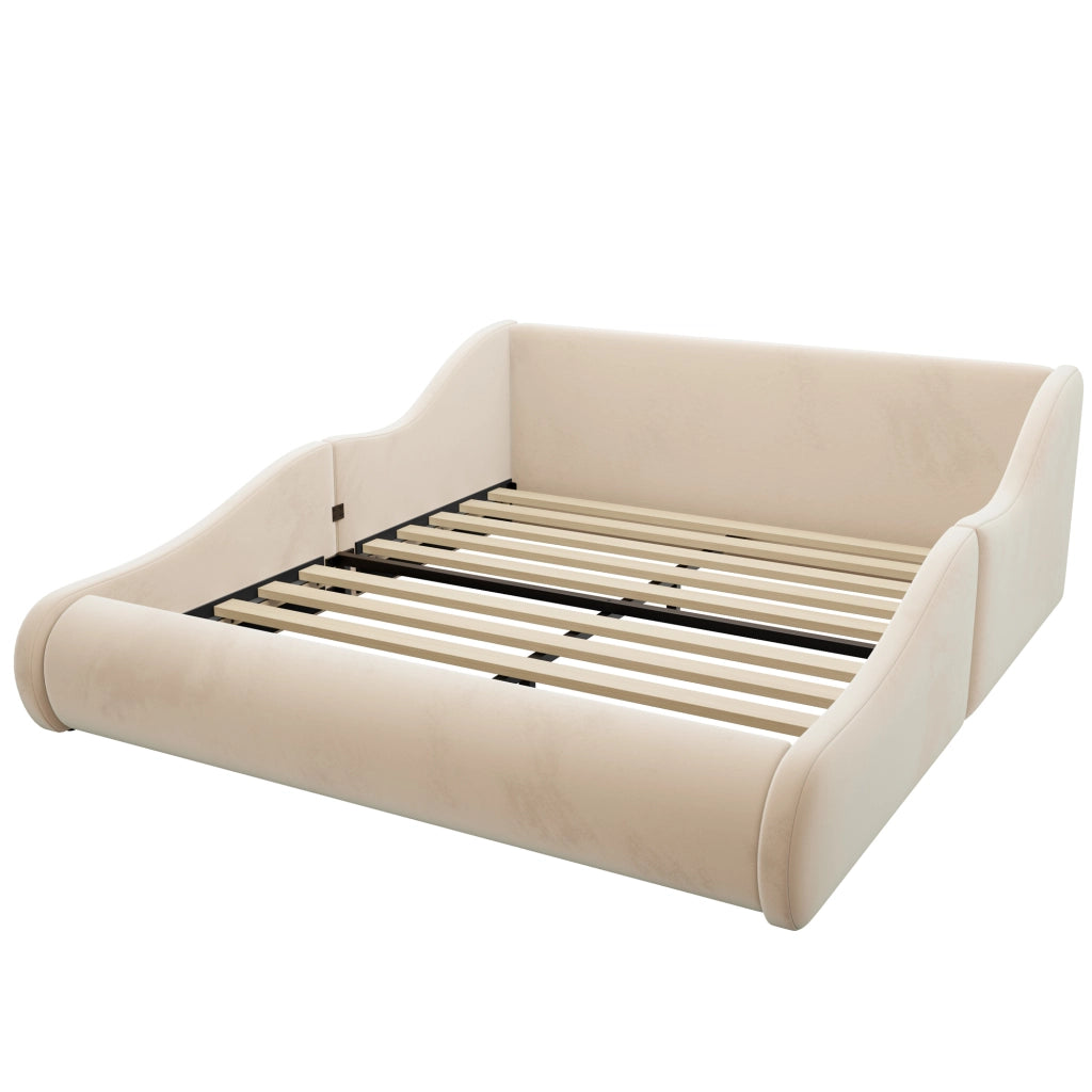 Letto imbottito per bambini con testiera alta e sponde, 140x200 cm, velluto beige