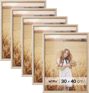 Cornice per Foto 30x40 cm Set di 5 Cornice da Parete e Tavolo, Portafoto con Cornice in Legno Massello e Pannello in Plastica, Collage Foto, Oro