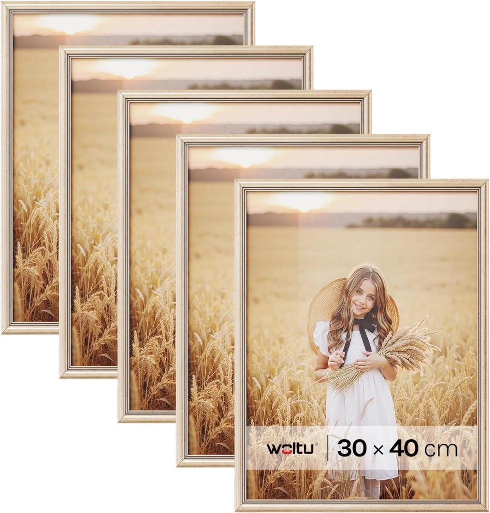 Cornice per Foto 30x40 cm Set di 5 Cornice da Parete e Tavolo, Portafoto con Cornice in Legno Massello e Pannello in Plastica, Collage Foto, Oro