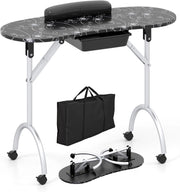 COSTWAY Tavolo Manicure Pieghevole, Tavolo Unghie Estetista Portatile con Ruote, Cassetto, Cuscino Poggiapolsi e Borsa