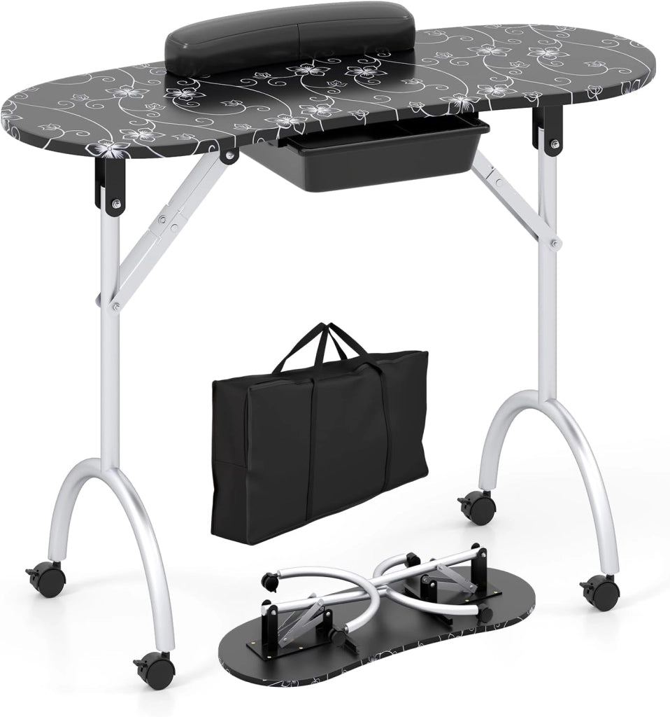 COSTWAY Tavolo Manicure Pieghevole, Tavolo Unghie Estetista Portatile con Ruote, Cassetto, Cuscino Poggiapolsi e Borsa