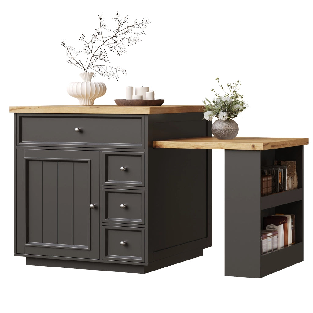 Isola Cucina Allungabile con Cassetti e Ruote ¨C MINIMAL ¨C Piano Effetto Legno, Nero, 120-184 cm