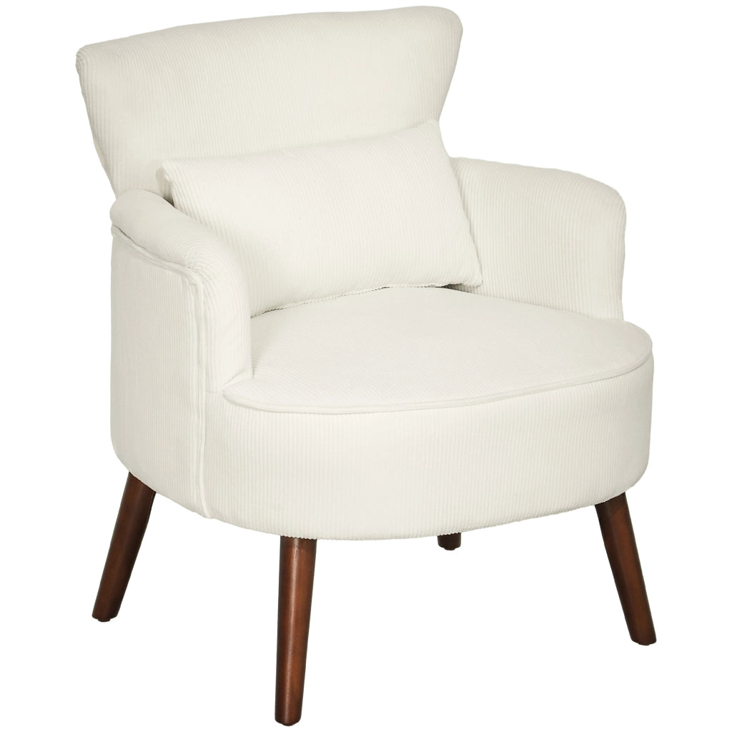Poltrona imbottita con schienale alto, braccioli curvi e gambe in legno, crema bianco