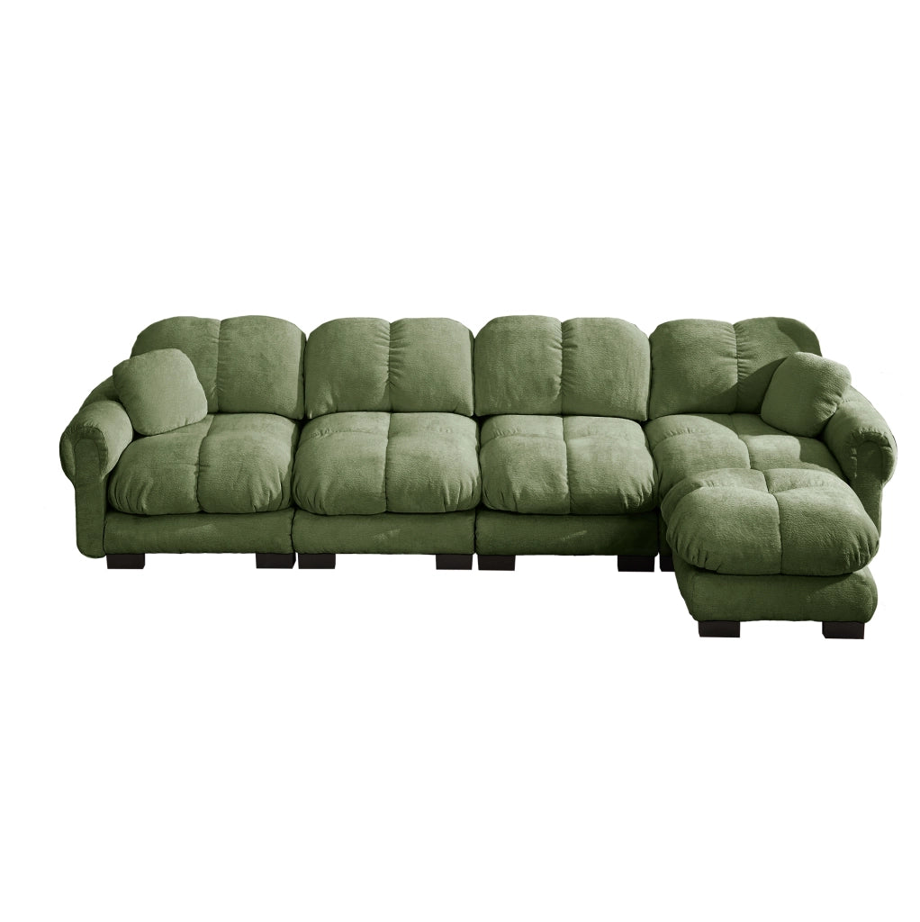 Divano angolare modulare a L in chenille verde con pouf mobile; 330x149x90 cm