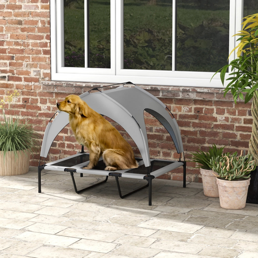 Cuccia rialzata per cani con tetto, rete traspirante, tela Oxford e struttura in acciaio, grigio chiaro 106 × 76 × 94 cm