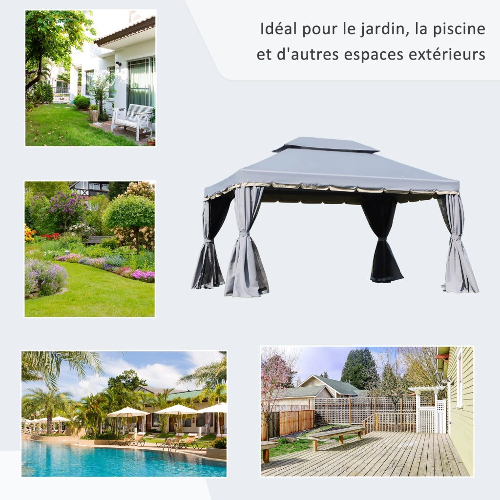Gazebo per giardino esterno 4x3m con tetto doppio pareti e zanzariere grigio ¨C zephmum ¨C 400x300xH cm