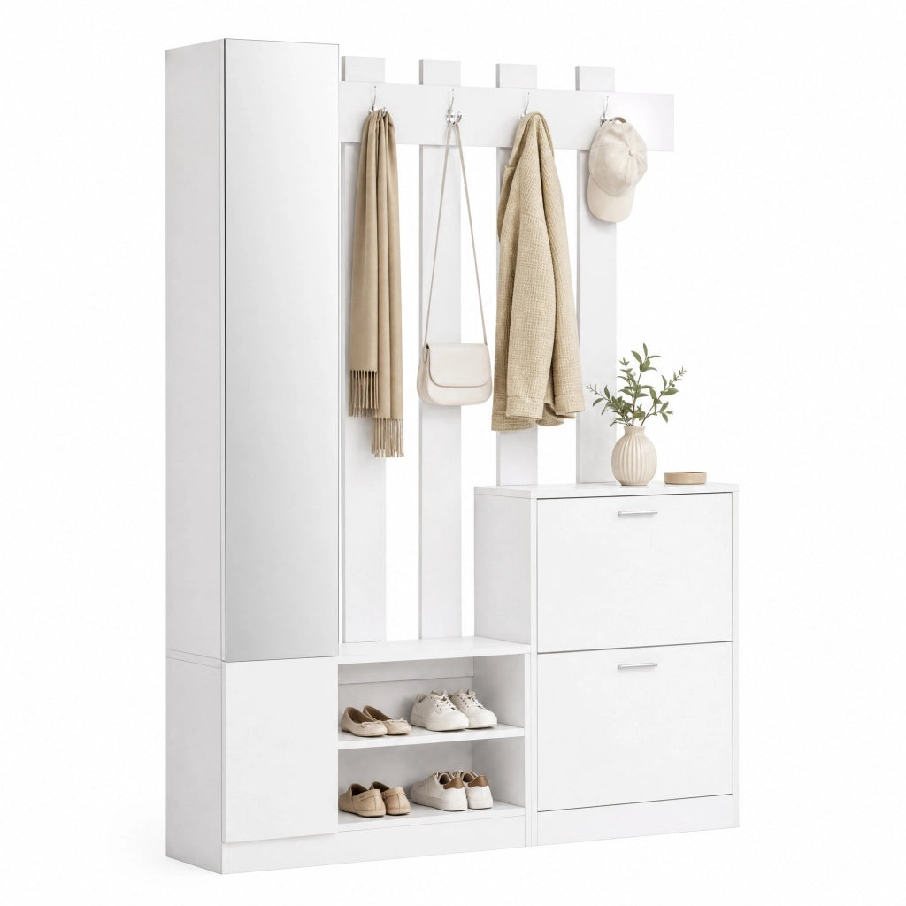 Set ingresso con specchio 135 x 25 x 180 cm, scarpiera salvaspazio con 2 scarpiere a ribalta, vani portaoggetti e 5 ganci, bianco