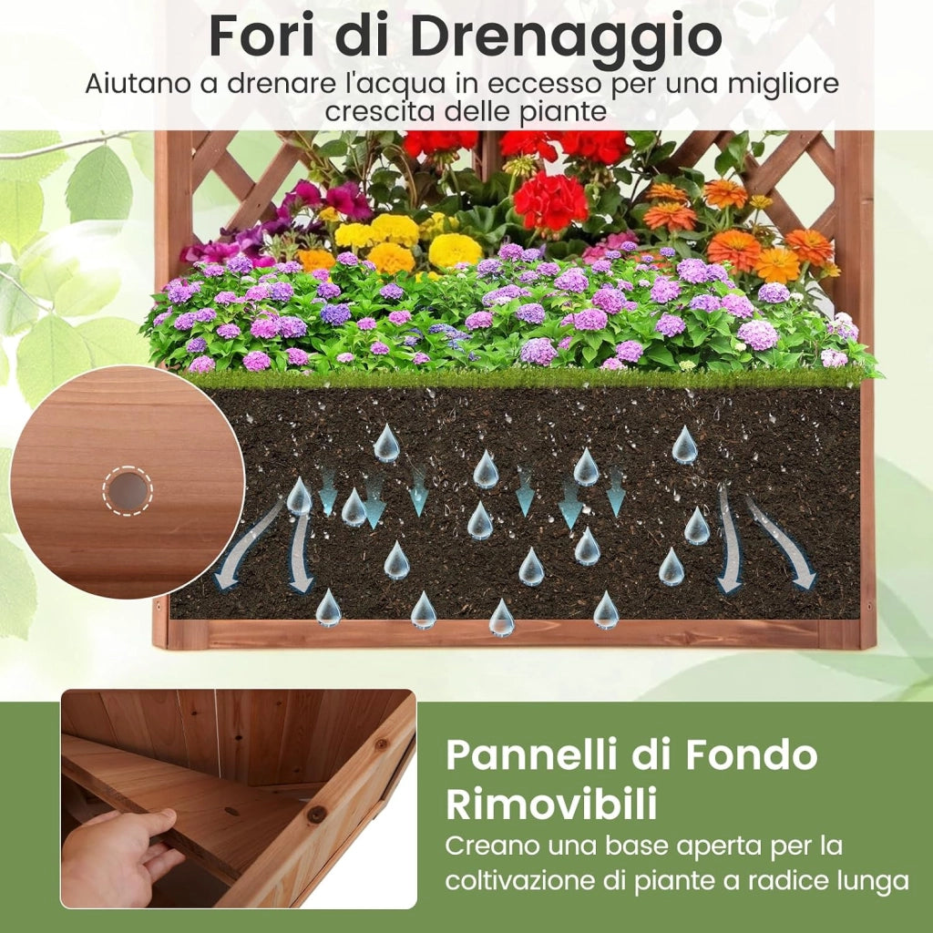 Letto da Giardino Rialzato ad Angolo con Traliccio e Fori di Drenaggio, Fioriera in Legno Elevata per Piante Rampicanti, Fiori e Verdure, Ideale per Interno ed Esterno (Marrone)