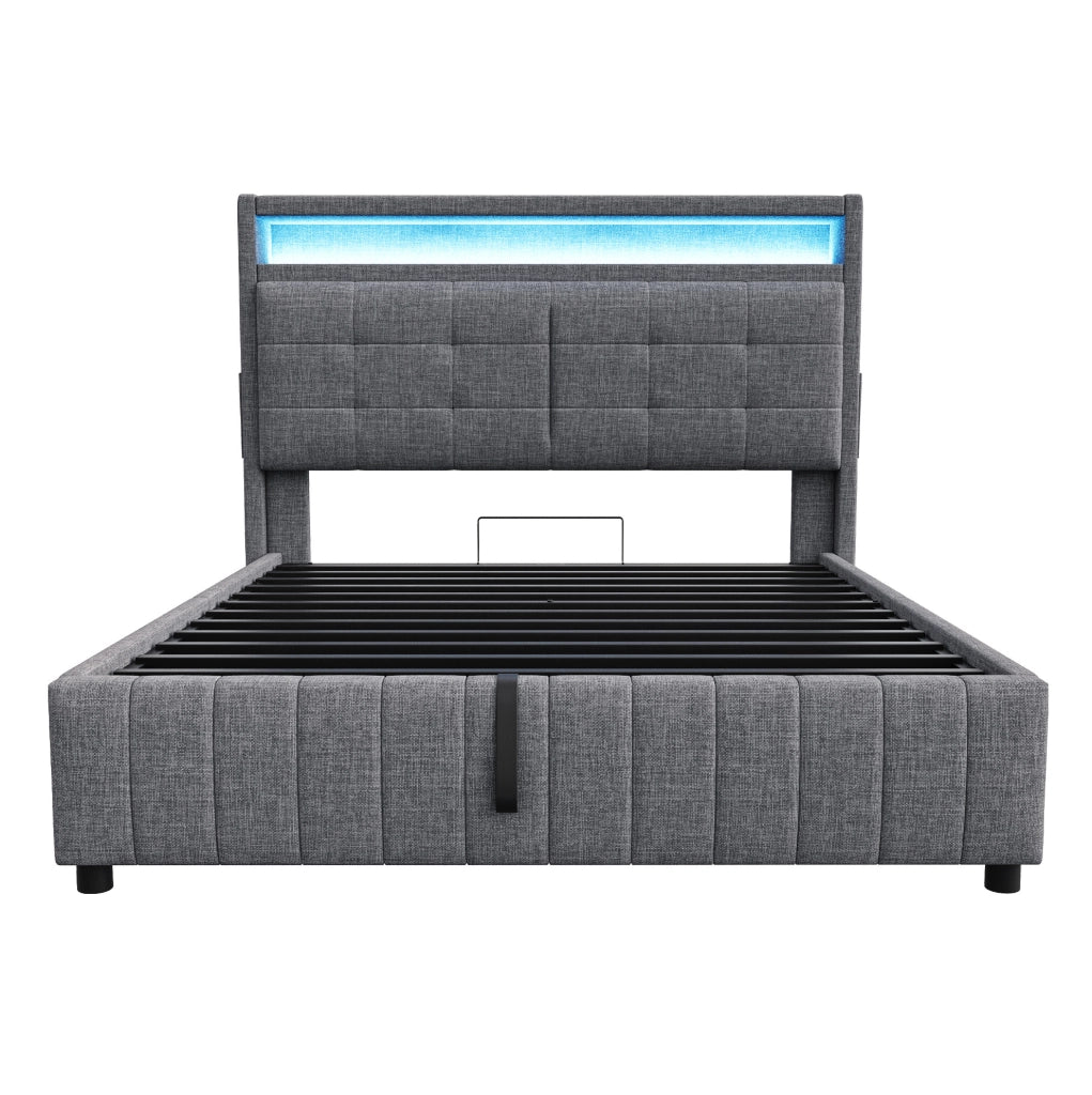 Letto imbottito 160x200 cm grigio con LED, USB, contenitore idraulico e rete a doghe