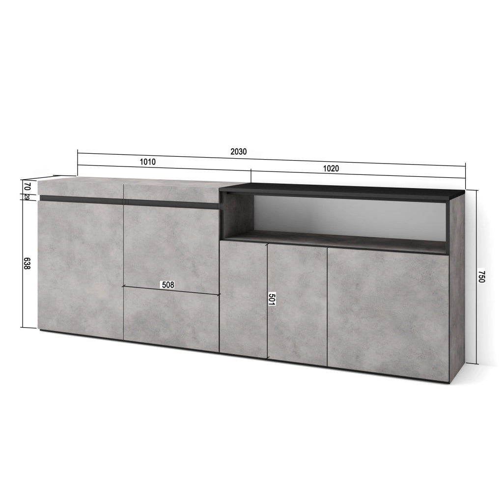 Credenza, Mobile, 200x35x75cm, 4 Porte, grande stoccaggio, grigio cemento RF2371