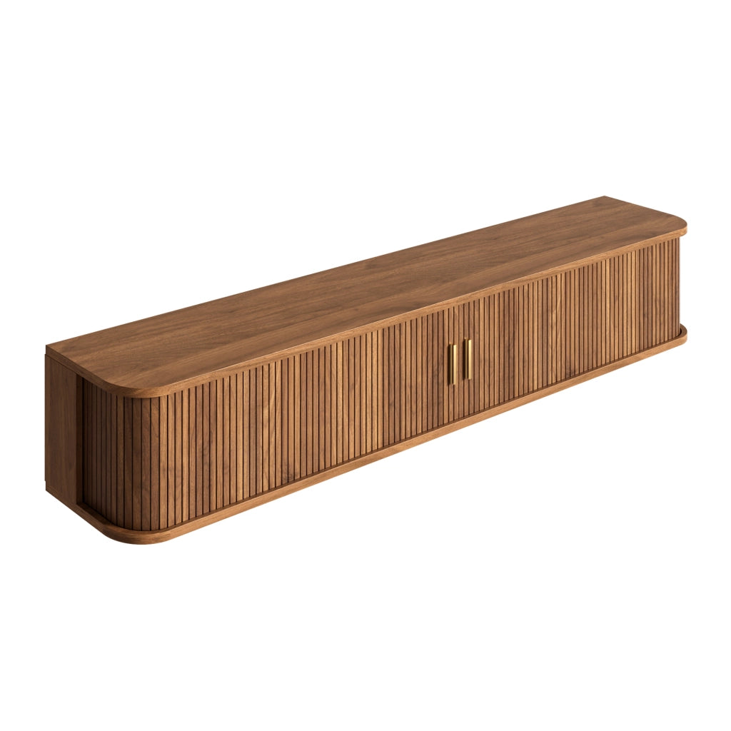 Mobile TV da parete, finitura effetto legno, illuminazione a LED regolabile tramite app, materiale MDF, colore noce