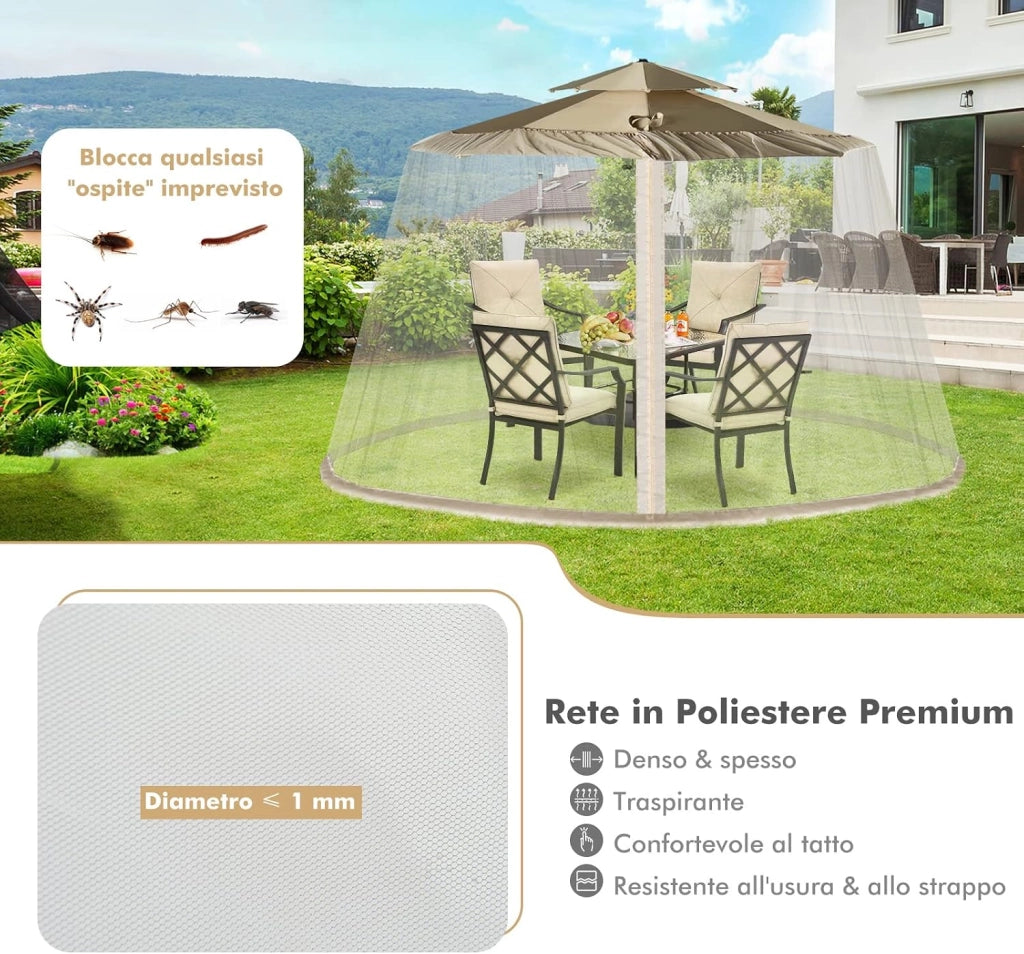 Zanzariera per Ombrellone da Esterno, Zanzariera Regolabile da Patio con 2 Porte a Doppia Cerniera, Rete per Copertura Ombrellone, 12,5 x 2,3 m