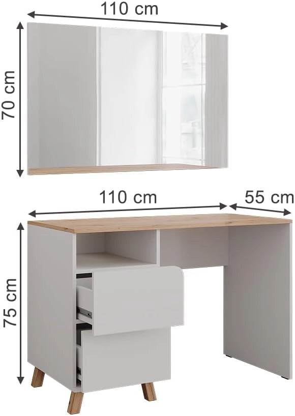 Tavolo da toeletta Karen, Bianco/Artisan, 110 cm con specchio, Materiali robusti per un utilizzo duraturo