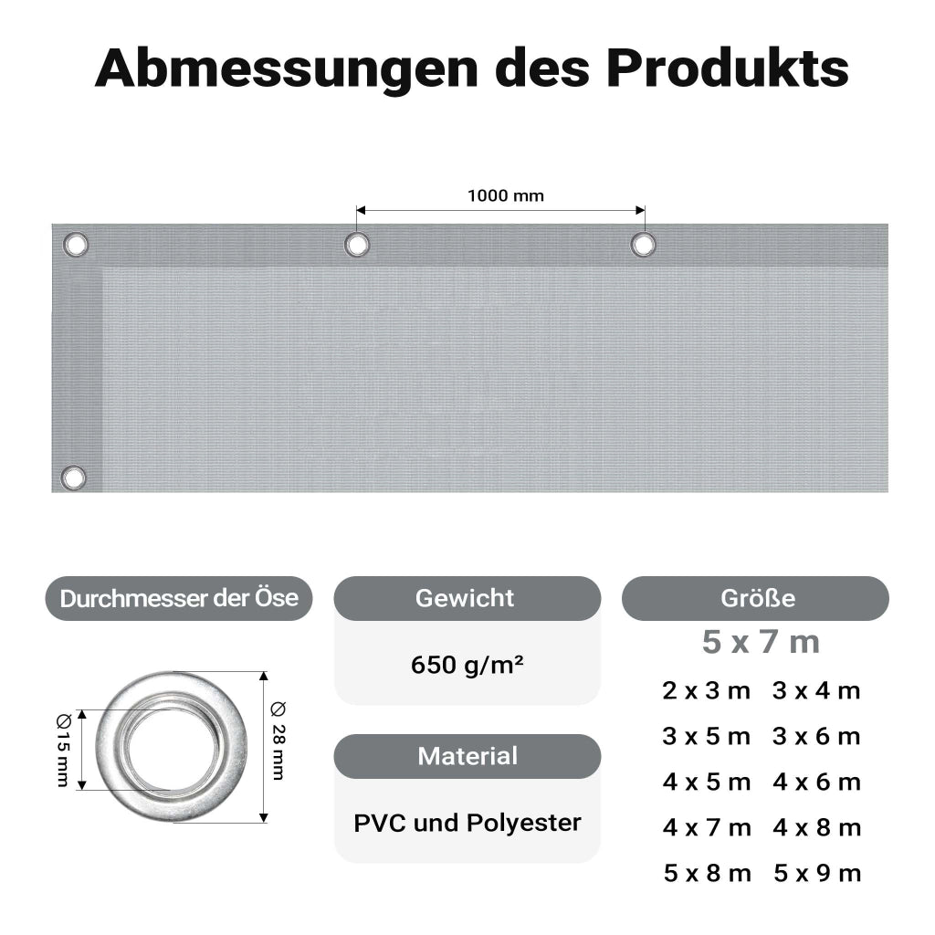 Telone occhiellato grigio 5 x 7 m resistente alle intemperie e a raggi UV, impermeabile, robusto telo di protezione in poliestere 650 g/m² con rivestimento in PVC