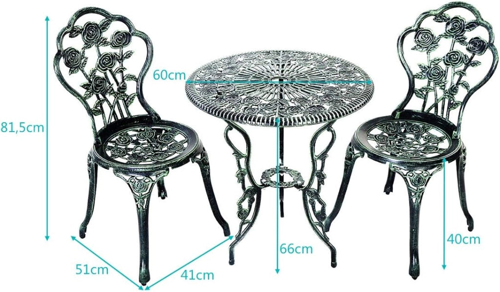 Set Tavolino e Sedie da Giardino, Set da Bistro con Sedie in Alluminio e Ghisa, Mobile da Esterno con Tavolino Rotondo e 2 Sedie, Tavolino Portato 45 kg, Sedia Portata 150 kg (Verde)