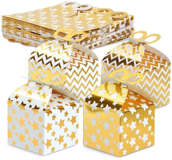 Scatole di Cartone da 36 - 4 Disegni - Colore Giallo - Materiale Resistenti Al Contatto Alimentare - Biodegradabile - Dimensioni 19,3 x 8,1 x 9,4 cm - Scatole per Regali