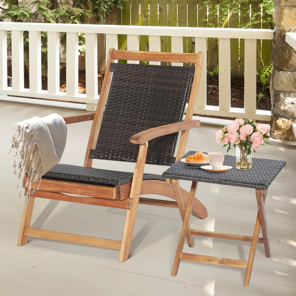 Set di tavolo e sedia pieghevoli da esterno con ottomana braccioli retrattili, Mobili in rattan di legno acacia-Set mobili da esterno