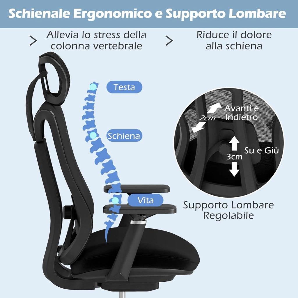 Sedia Ergonomica da Ufficio in Rete con Supporto Lombare Regolabile, Poggiatesta e Braccioli, Schienale Inclinabile, Sedia da Scrivania Girevole Regolabile in Altezza, Portata 150 kg