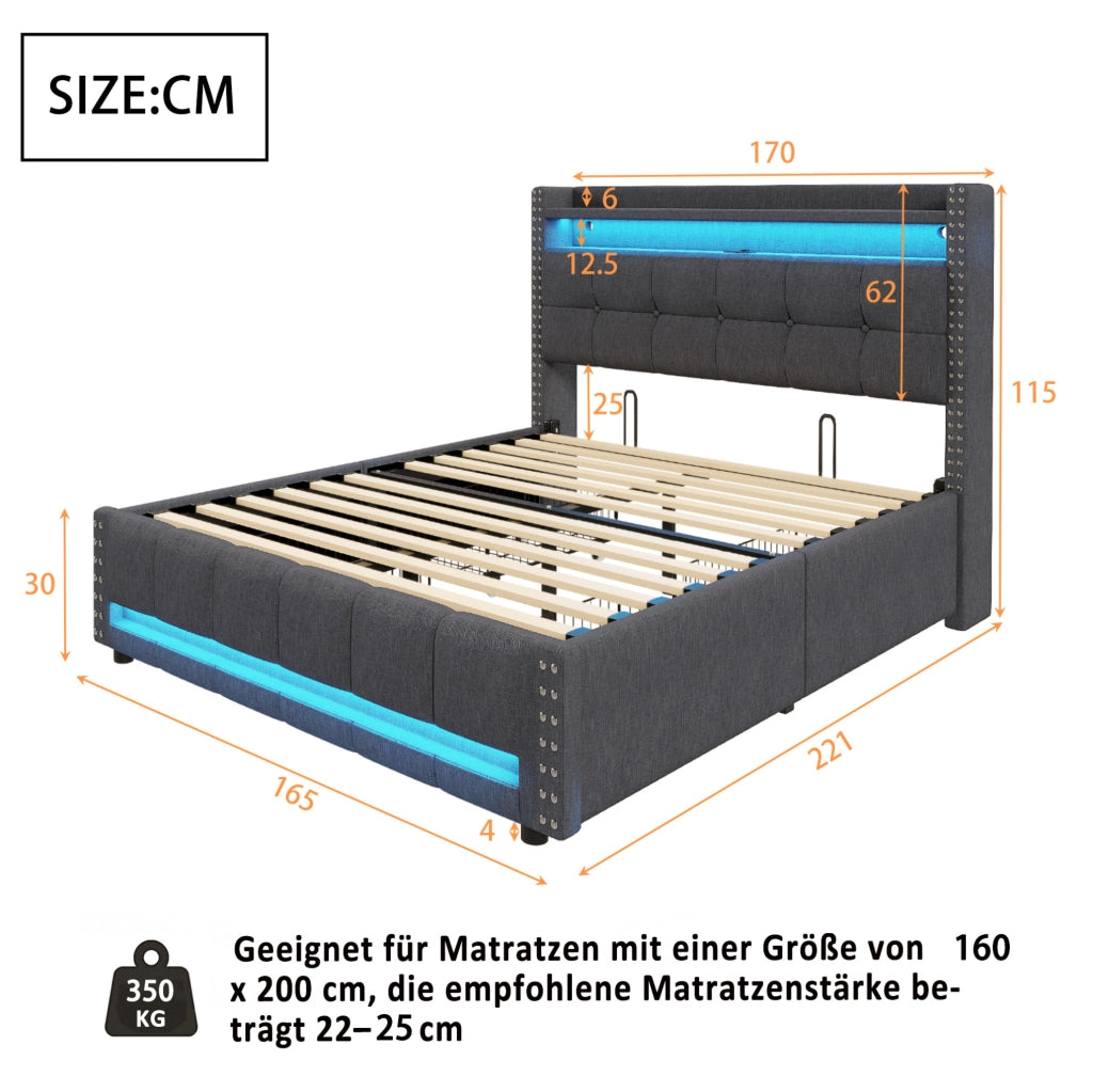 Letto imbottito 160x200 cm con LED; USB; ripiani e cassetto; lino grigio