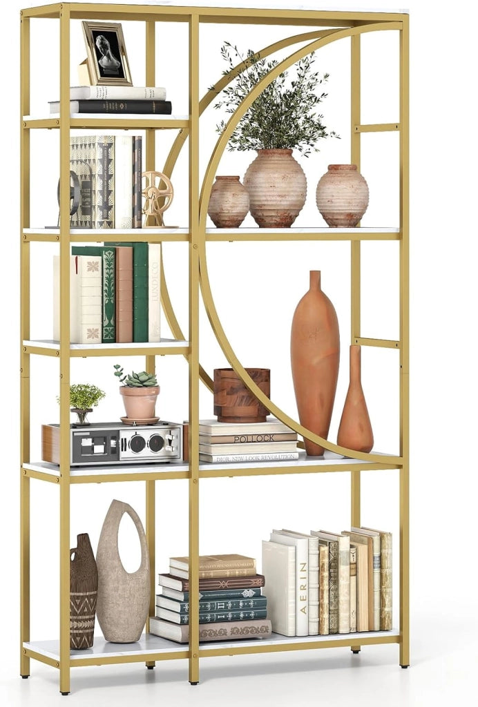 Libreria a Mezza Luna a 6 Livelli, 100 x 30 x 177 cm, con Struttura in Metallo e Ripiani Aperti, per Soggiorno e Ufficio