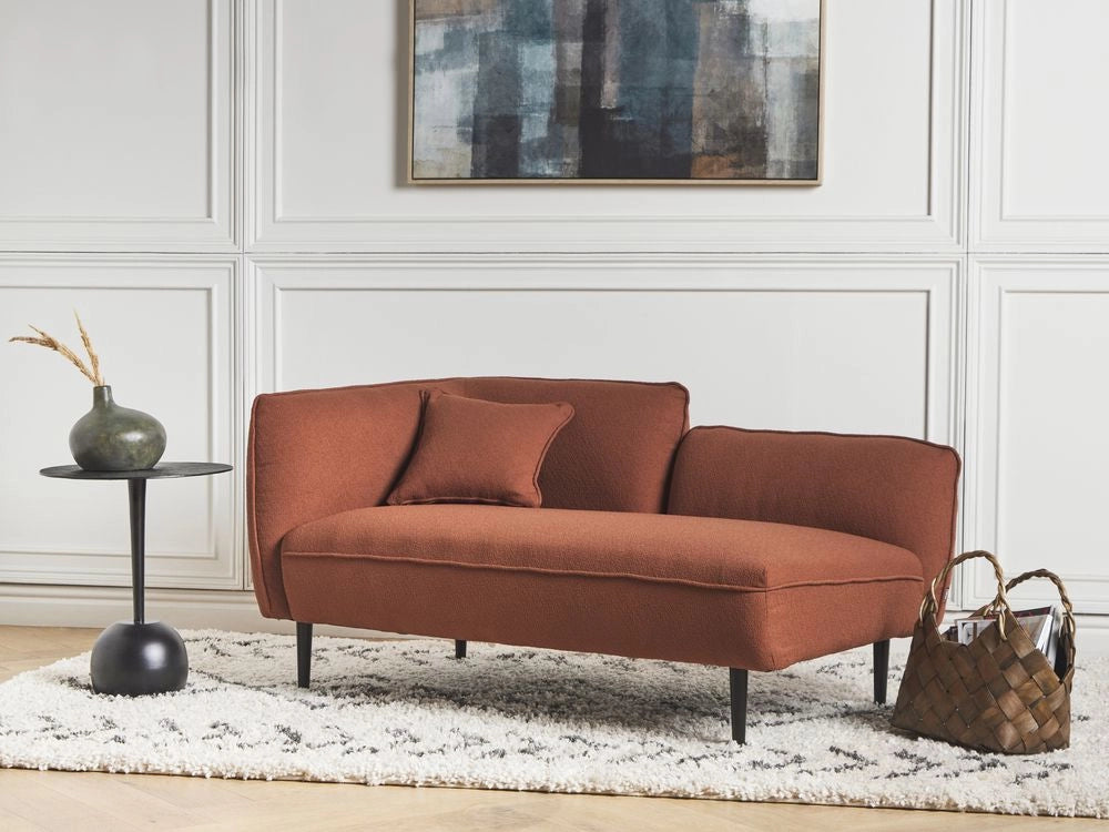 Chaise longue in tessuto bouclé rosso scuro Gambe in metallo a sinistra con cuscino Design moderno
