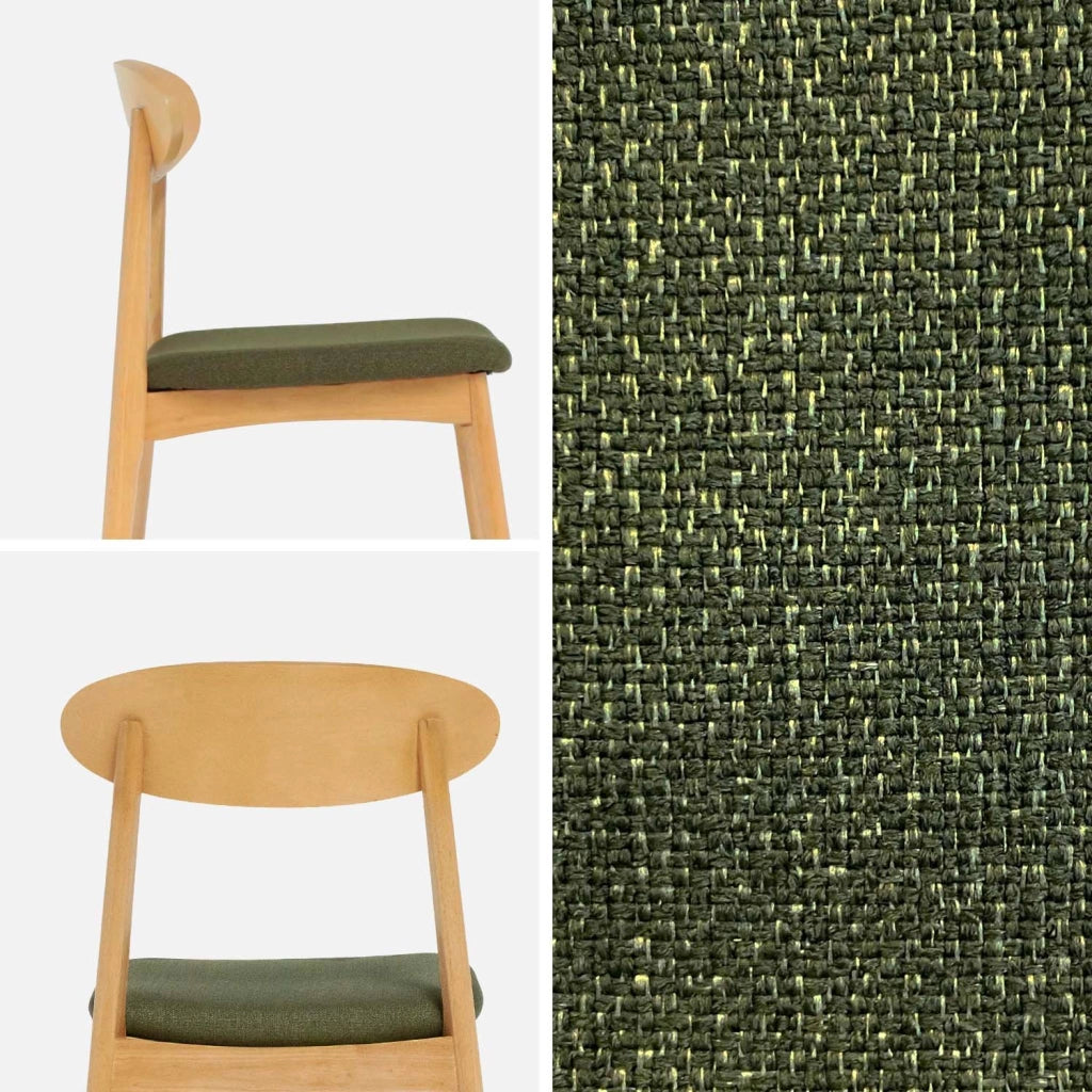 Set 2 sedie vintage in legno di hevea naturale e tessuto, verde kaki