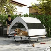 Lettino per Cani con Copertura a 3 Lati Rimovibile, in Poliestere e Acciaio, 122x92x94 cm, Grigio Chiaro e Nero