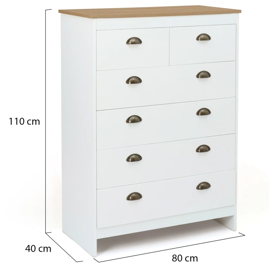 IDMarket - Cassettiera ISIS 80 cm con 6 cassetti bianchi e piano in legno