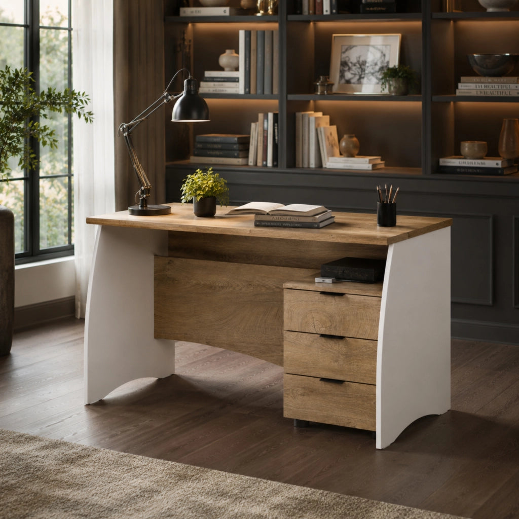 Mobile Desk  Con 3 Cassetti Scrivania Da Studio O Ufficio Scrittoio Per Soggiorno E Sala Da Pranzo 136 X 74 X 67 Cm Bianco E Rovere