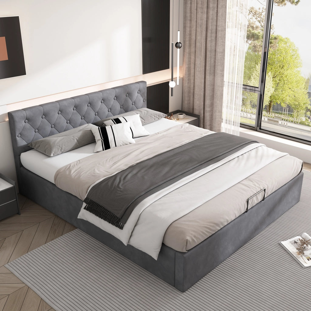 Letto matrimoniale in velluto grigio 140x200 cm con testiera capitonné e contenitore idraulico