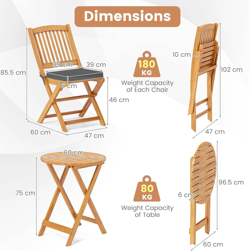 Set da Giardino 2 Posti in Legno di Acacia, Tavolo da Giardino Esterno con Sedia Pieghevole, 2 Cuscini Rimovibili, per Terrazza, Balcone, Bistrot (Grigio + Naturale)
