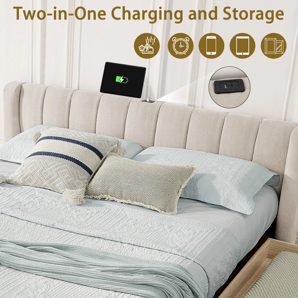 DESMIU Letto matrimoniale 140 × 200 cm 4 cassetti, USB e Type-C, senza materasso, in ciniglia, beige