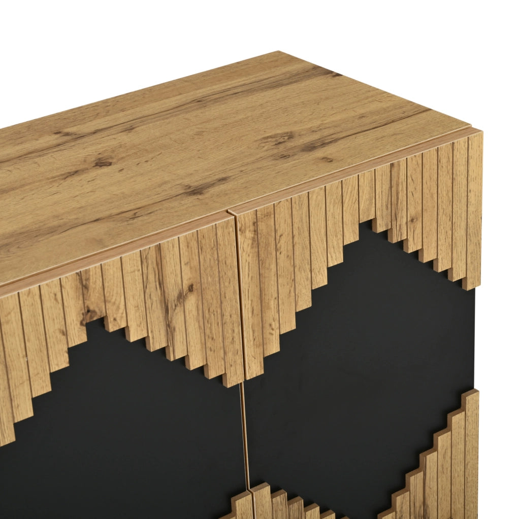 Credenza 140x40x70 cm a 2 ante push-open in MDF e truciolare naturale e nera