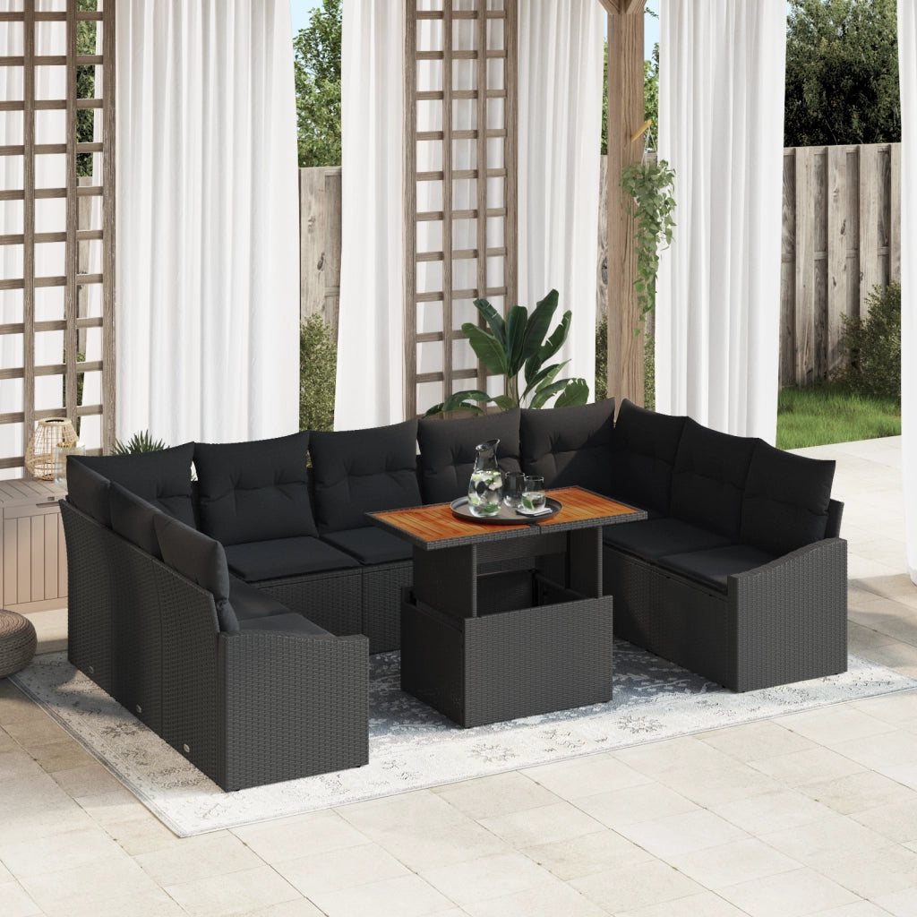 Set di divani da giardino da 10 pezzi con cuscini in rattan nero