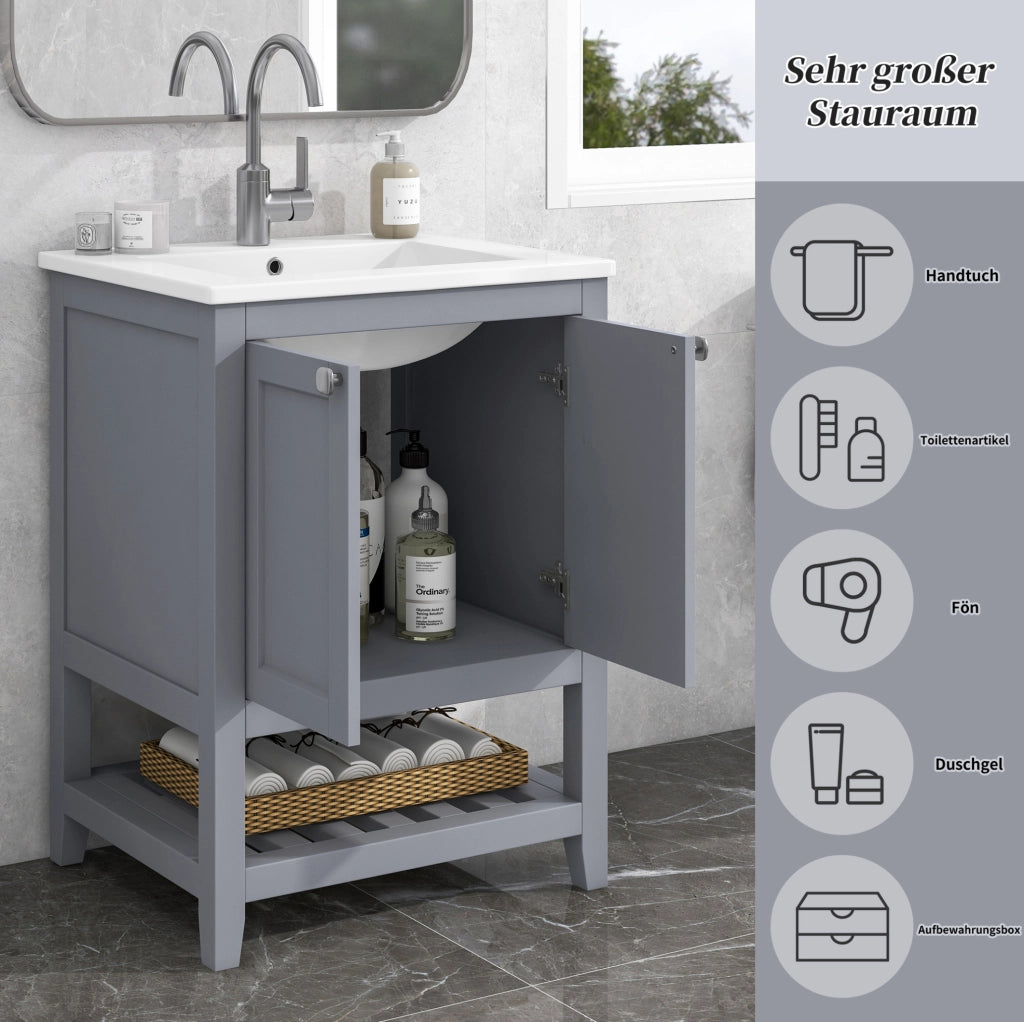 Mobile bagno con lavabo in ceramica 61 cm; grigio e bianco; da terra